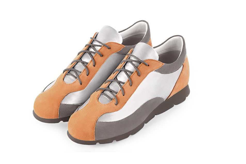 Marigold orange, light silver and pebble grey women's three-tone elegant sneakers. Round toe. Flat rubber soles. Front view - Florence KOOIJMAN